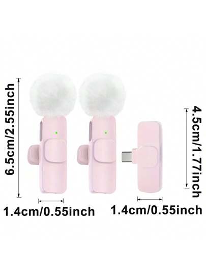 (Tipo-C) 2 microfonos pareja Lavalier inalambrico Rosado recargable