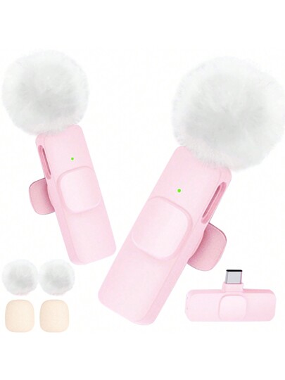 (Tipo-C) 2 microfonos pareja Lavalier inalambrico Rosado recargable