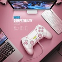 Mando AceGamer rosa y blanco conectado por cable a un ordenador y consola junto a un teclado, con el texto “WIDE COMPATIBILITY”