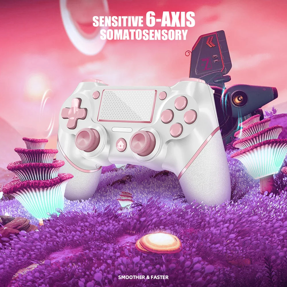 rimer plano del mando AceGamer rosa y blanco flotando sobre un paisaje futurista, resaltando el sistema “Sensitive 6-Axis Somatosensory”