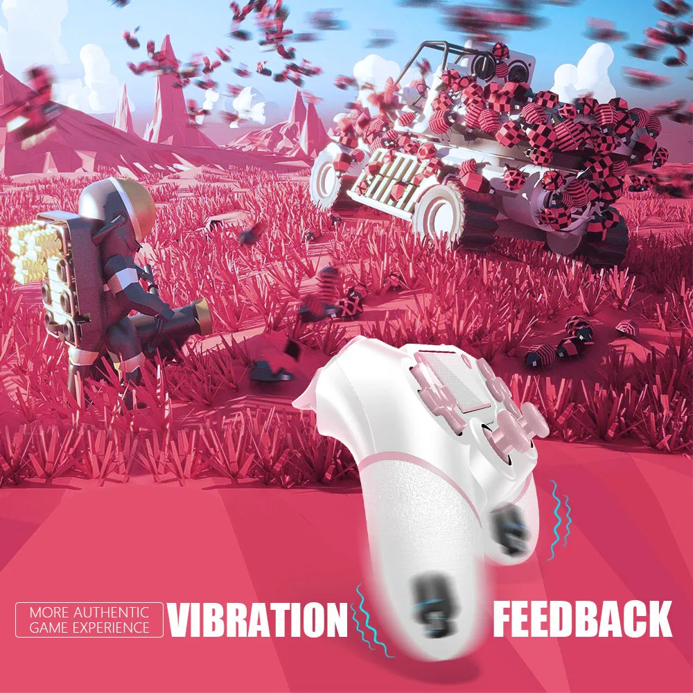 Vista del mando AceGamer en blanco y rosa mostrando vibración dinámica con el texto “VIBRATION FEEDBACK” y elementos de juego en segundo plano