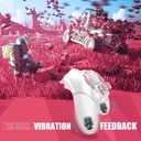 Vista del mando AceGamer en blanco y rosa mostrando vibración dinámica con el texto “VIBRATION FEEDBACK” y elementos de juego en segundo plano