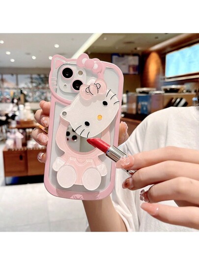 (iPhone 15 Pro) Hello kitty rosado transparente con espejo, diseño de dibujos animados de gato, funda cobertor estuche de teléfono celular Kawaii