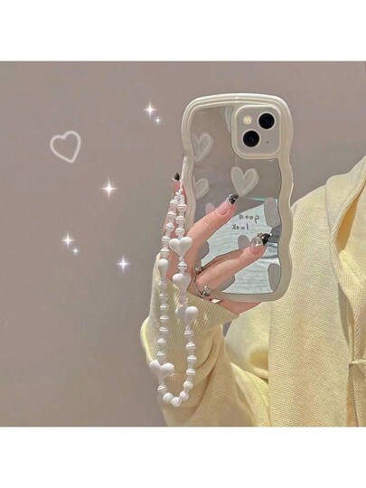 (iPhone 14) Espejo con Corazones blancos y ondulado, con texto blanco good luck, Con Cadena, funda cobertor estuche de teléfono celular Kawaii