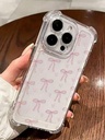 (iPhone 16 Pro Max) lazo y corazon rosado transparente, material TPU, moño rosa,  funda cobertor estuche de teléfono celular Kawaii