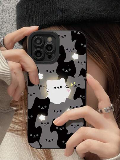 (iPhone 12 Pro Max) Gato luminoso blanco central y el resto negro gris oscuro, funda cobertor estuche de teléfono celular Kawaii