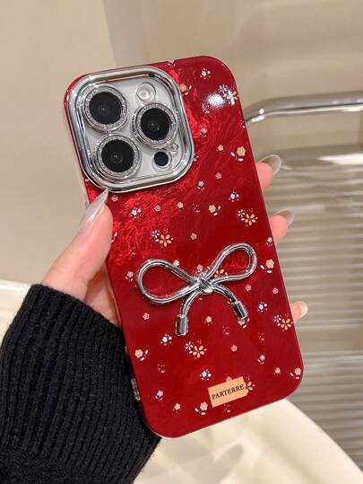 (iPhone 12 pro max) Funda de teléfono de metal con lazo 3D rojo y floral, Funda cobertor Estuche De Telefono Celular