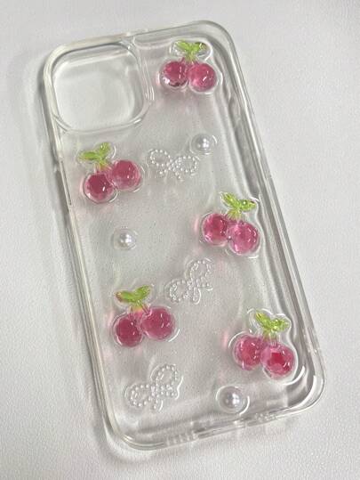 (iPhone 12) Cover iphone con decoración de manzana 3D, cereza, perla falsa y moño, Funda cobertor Estuche De Telefono Celular