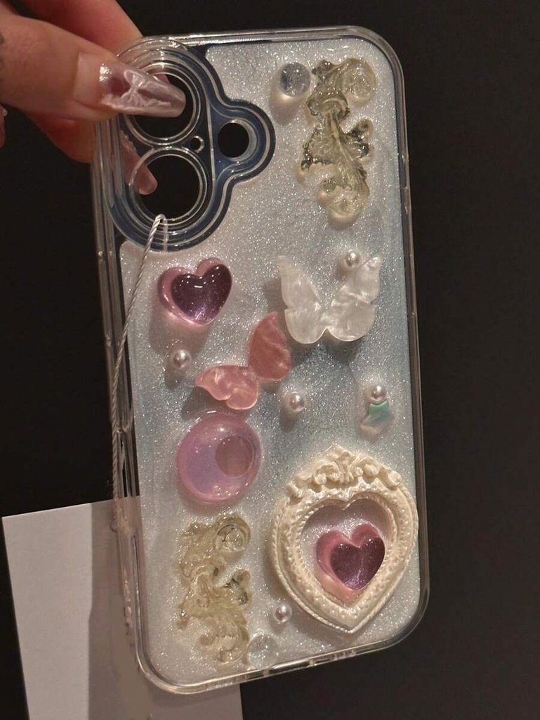 (iPhone 16) cover iphone diseño corazón de mariposa 3D de epoxy, Funda cobertor Estuche De Telefono Celular