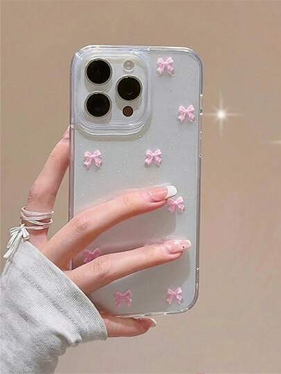 (iPhone 16) con diseño estético de purpurina, flor 3D, moño de diseño japonés y coreano, con corazón, perla de imitación y concha transparente con epoxy, Funda cobertor Estuche De Telefono Celular