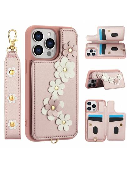 (iphone 16 pro max) Funda de cartera con flores, funda cobertor estuche de teléfono celular Kawaii