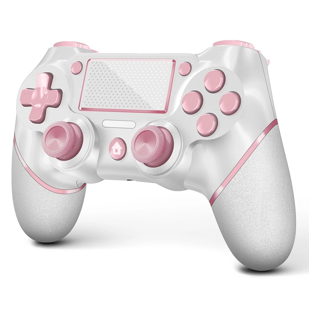 Control inalámbrico AceGamer para PS4 con joysticks rosas, doble vibración, panel táctil y salida de audio de 3,5 mm. Compatible con PS4, PS4 Slim, PS4 Pro y PC.