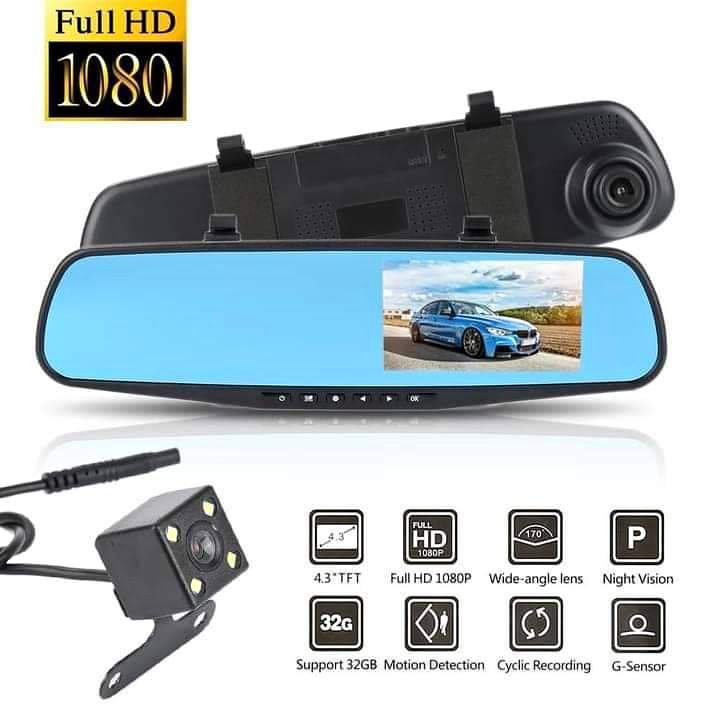 Retrovisor con camara trasera de retroceso y frontal para carro pantalla a un lado