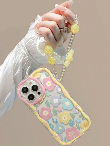 [CBRT-00032] (iPhone 14 Pro Max) patrón de flores ondulado y hojas de pintura al óleo colorida en colores rosa, amarillo y azul, con diseño de cadena amarilla, funda cobertor estuche de teléfono celular Kawaii